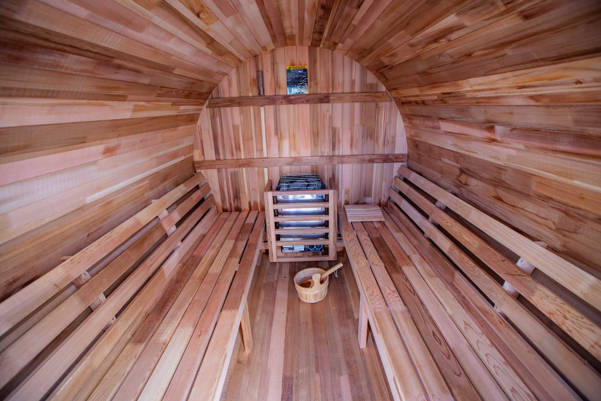 wooden, tube-shaped sauna room